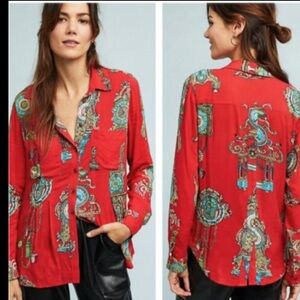 Maeve by Anthropologie Red Baroque Clock Print Button Front Shirt Women’s E-12